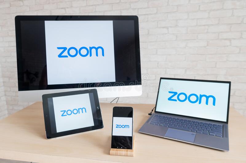 logo display all mobile devices zoom online platform remote communication application computer phone tablet 181987407